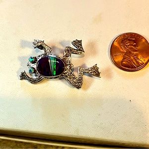 Small silver frog pin inlaid with stones